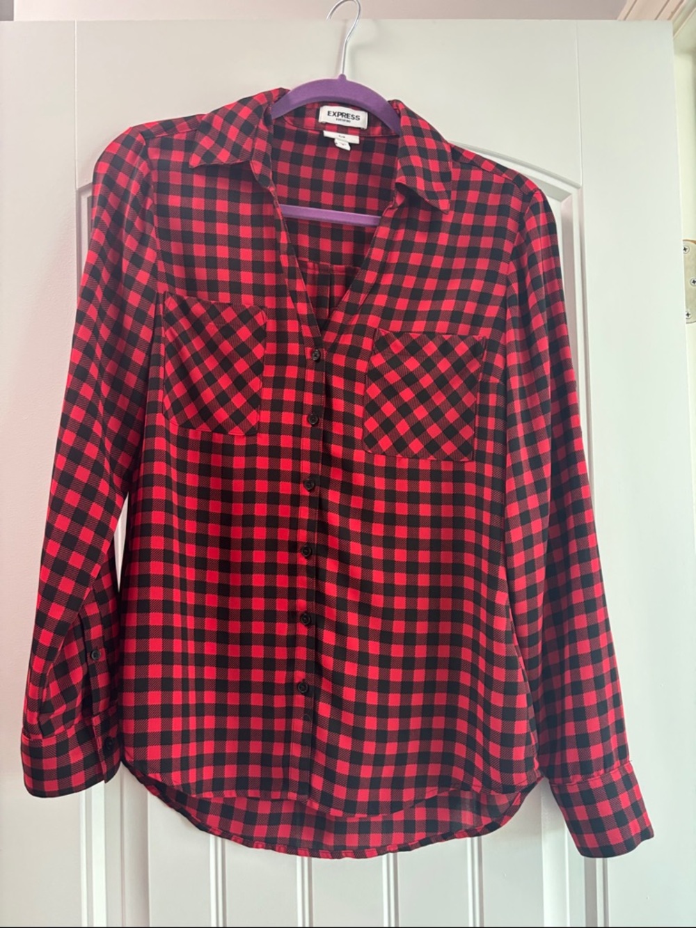 Express Red and Black Plaid Button-Down Shirt